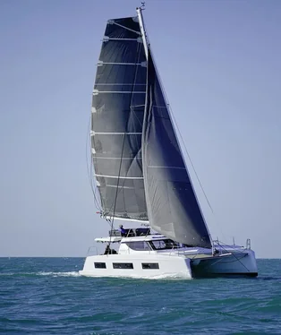 Aventura 40 luxury catamaran under sail on the Athens Riviera